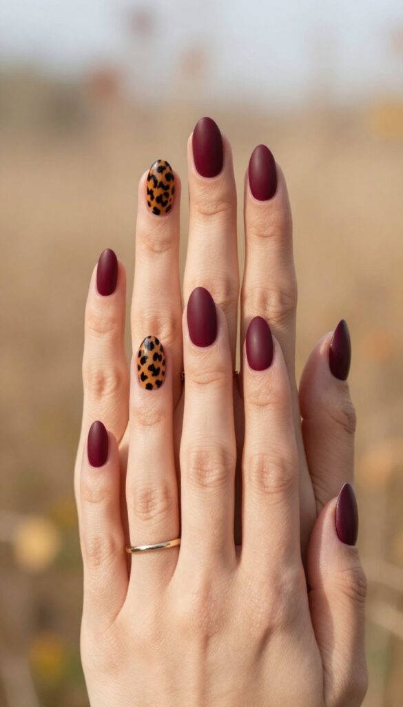 Burgundy matte nails with leopard print accent nail on ring finger, almond shape, fall manicure