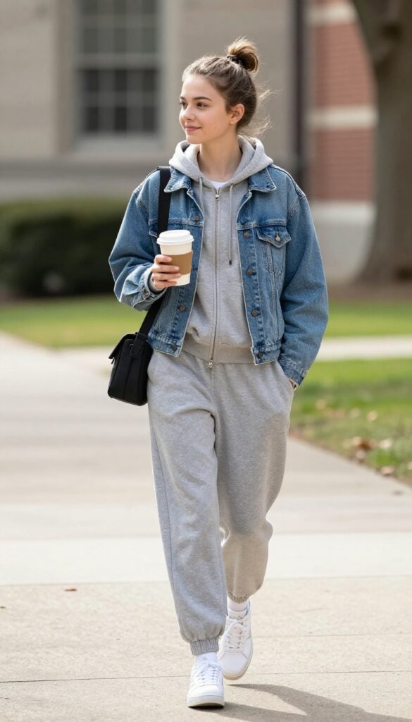 8. Matching Sweatsuit with a Denim Jacket