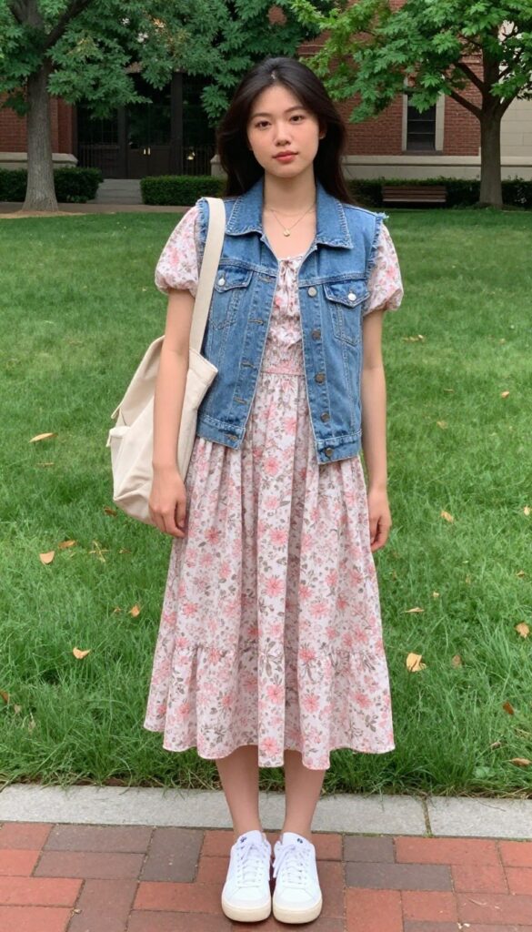 7. Floral Dress with a Denim Vest