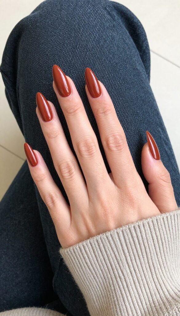 Rust-colored stiletto nails with glossy finish