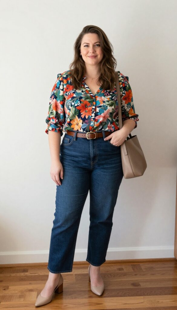 1. Classic Dark Jeans and a Printed Blouse