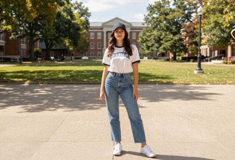Woman wearing vintage team tee and high-waisted jeans for college football gameday