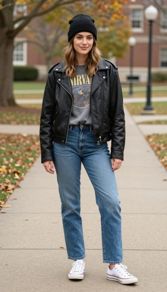 13. Leather Jacket + Band Tee + Straight-Leg Jeans + Converse