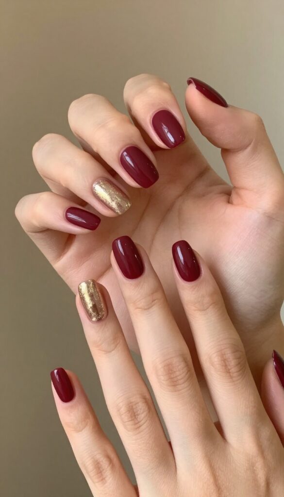 Matte merlot nails with gold foil accent on ring finger