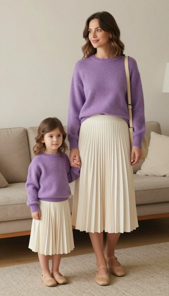 8. Lilac Sweater with Pleated Midi Skirt