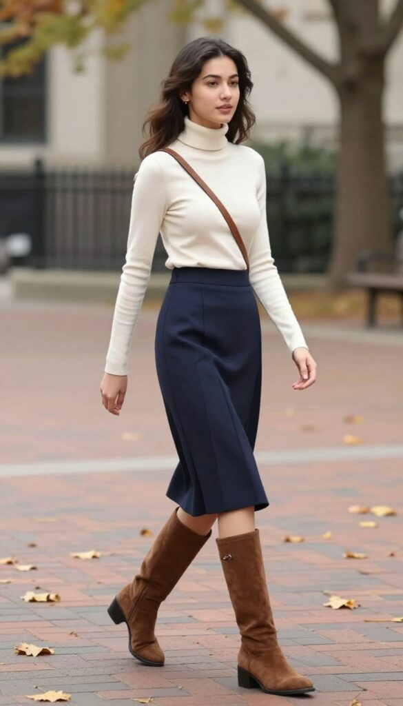 5. Turtleneck + Pleated Midi Skirt + Knee-High Boots