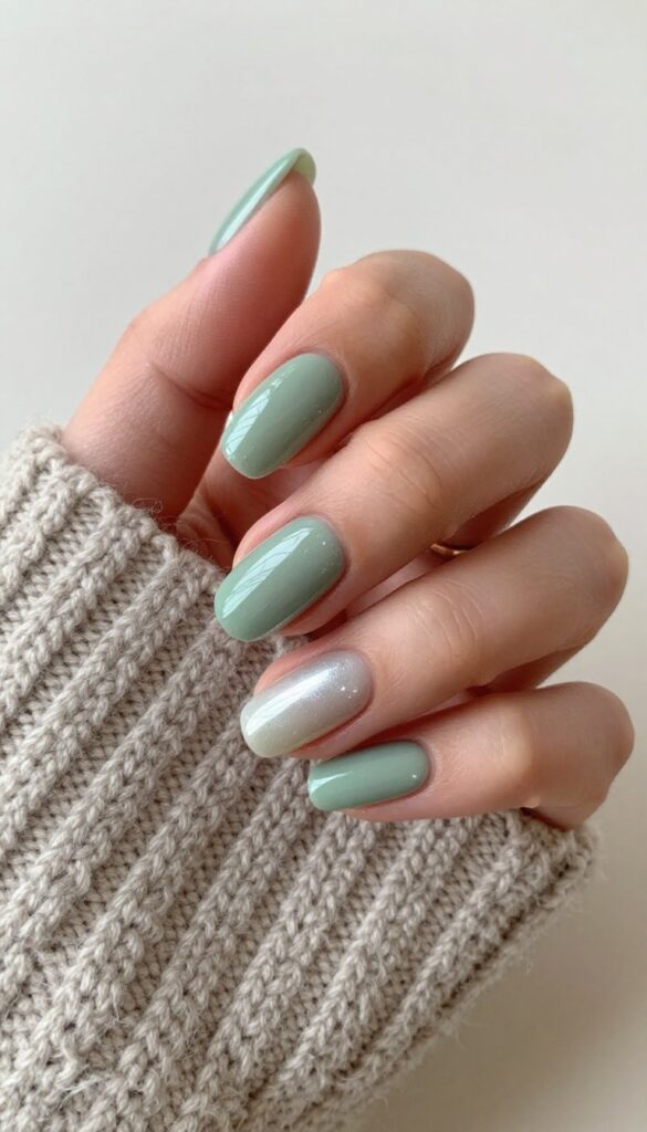 Sage green shimmer gel manicure on almond-shaped nails with glossy finish, resting on a knit sweater