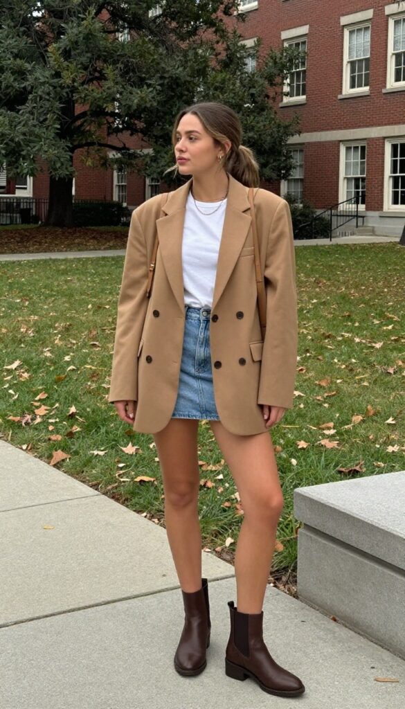 4. Oversized Blazer + Mini Skirt + Ankle Boots