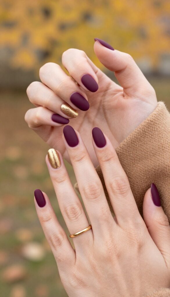 Matte plum nails with gold foil accent on ring finger