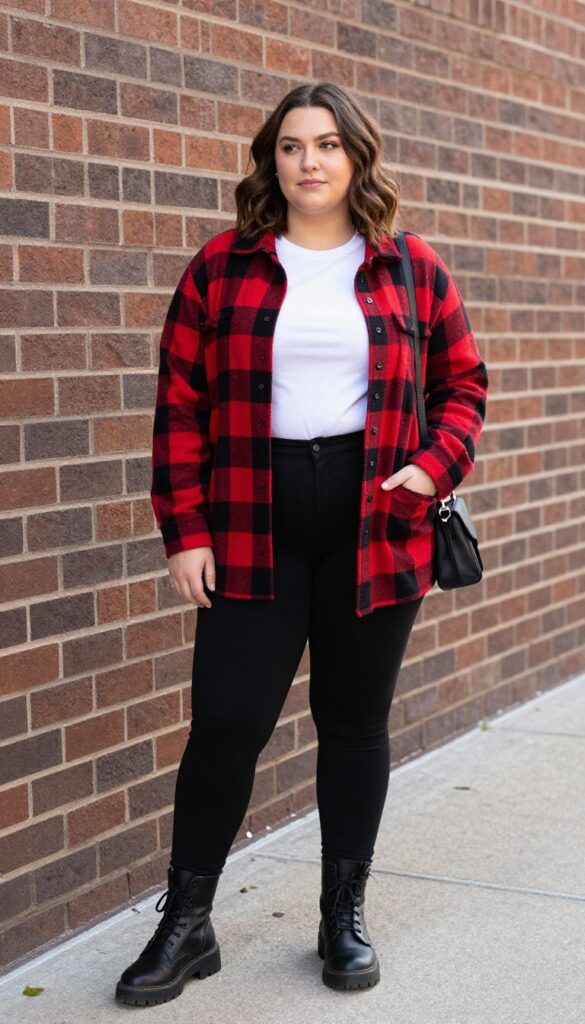9. Flannel Shirt + White Tee + Black Leggings + Combat Boots