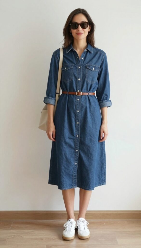 8. The Denim Dress Moment: Denim Shirt Dress + Belt + White Sneakers