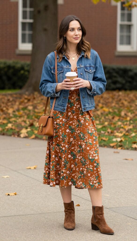 2. Denim Jacket over a Floral Midi Dress