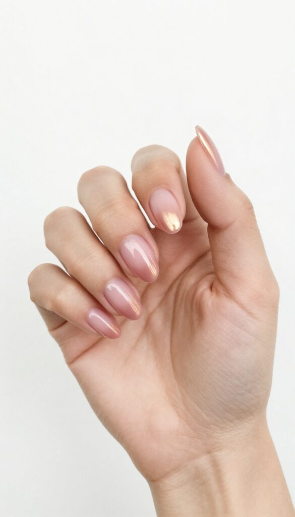 Rose gold ombré nails on almond shape, dusty pink to rose gold gradient