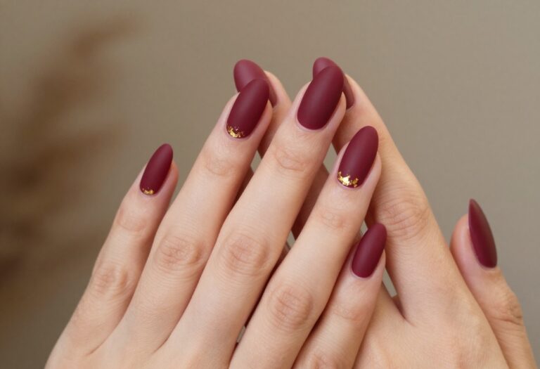 Matte merlot dipped nails with gold foil accents on almond-shaped nails