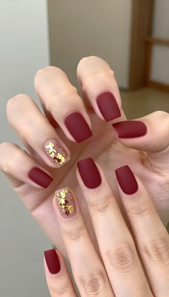 Square medium nails in matte merlot with gold foil accents