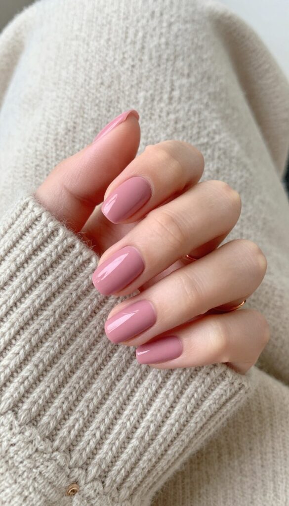 Short dusty rose matte nails with velvet finish on squoval shape