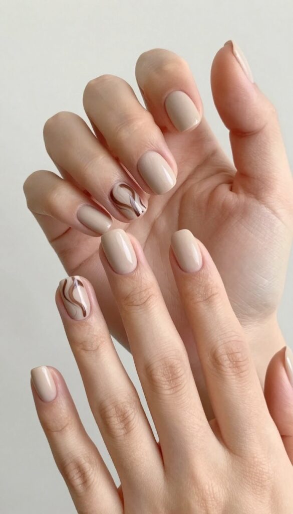 Short nails with nude base and mocha swirl accent nails, matte finish