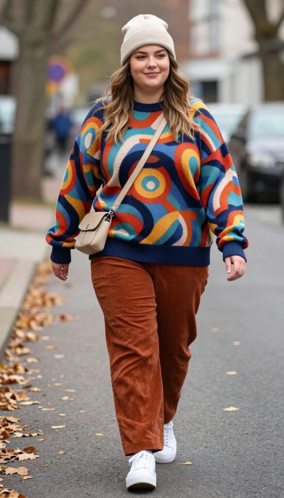 13. Graphic Sweater with Corduroy Pants