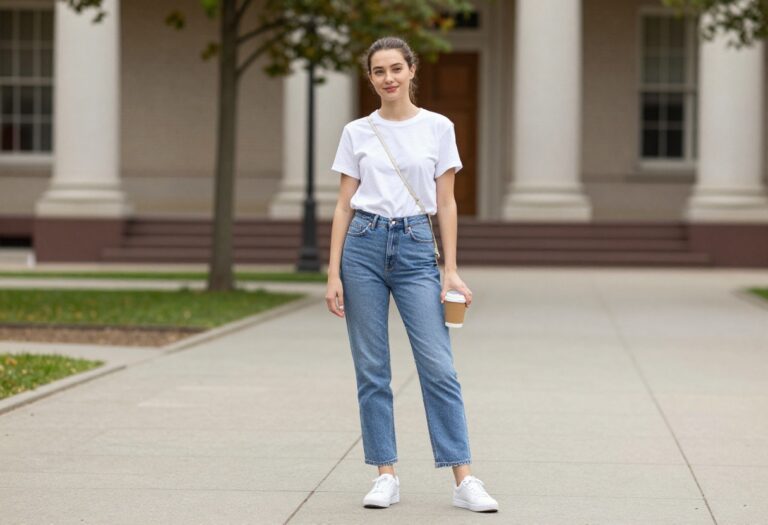 Young woman in white tee and high-waisted jeans on college campus