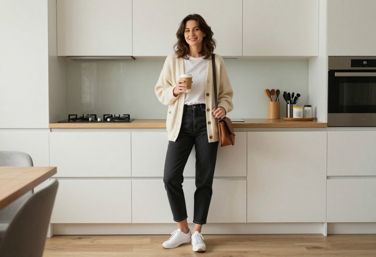 Bloxburg mom in casual cardigan and jeans outfit