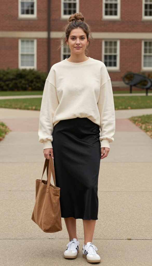 11. Midi Skirt + Sweatshirt + White Sneakers