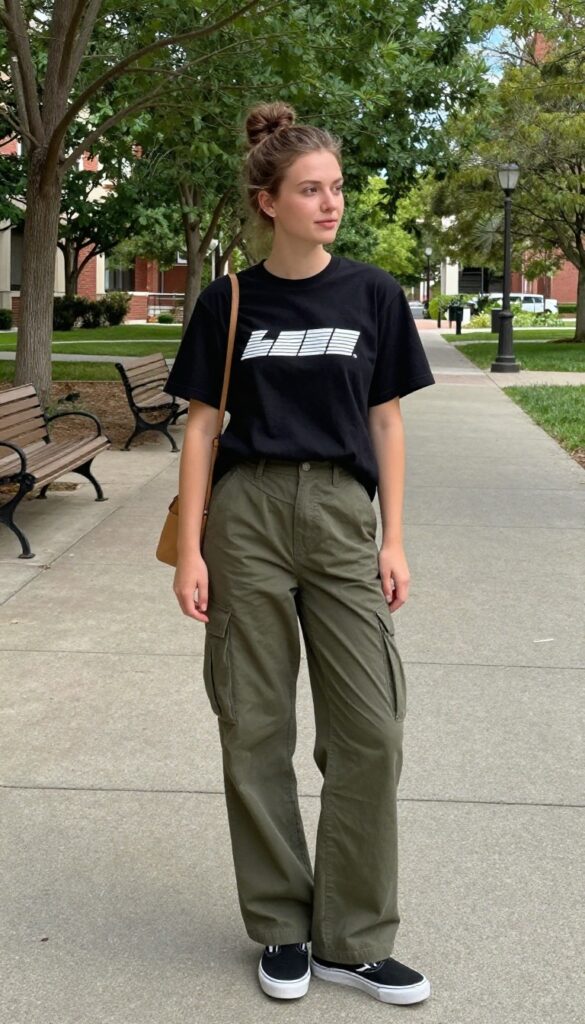4. Graphic Tee with Cargo Pants and Slip-On Sneakers