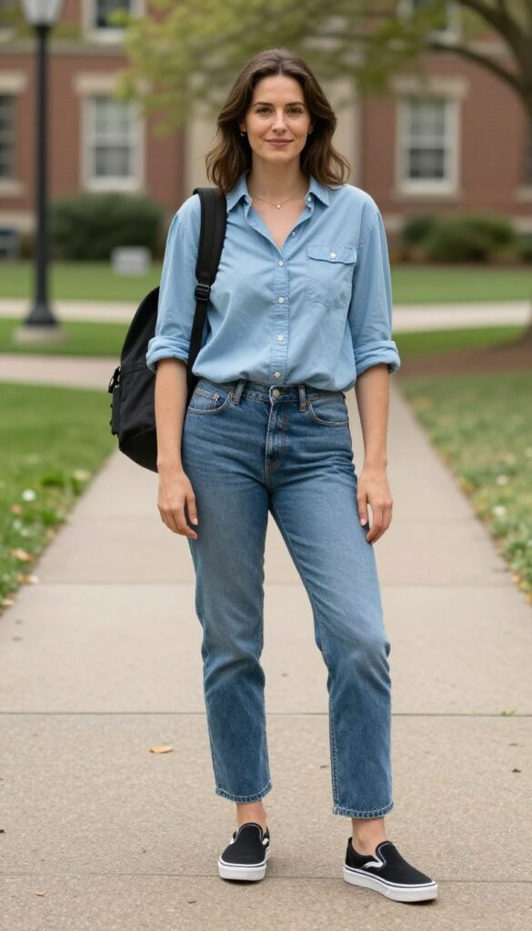 8. Straight-Leg Jeans + Button-Down Shirt + Slip-On Vans