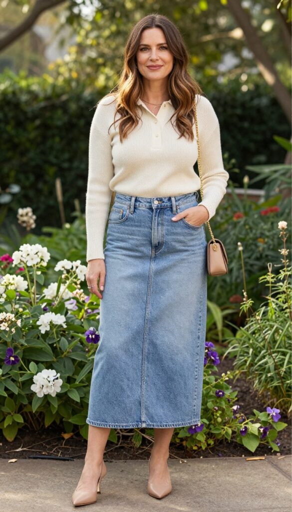 9. Knit Polo + A-Line Skirt + Kitten Heels