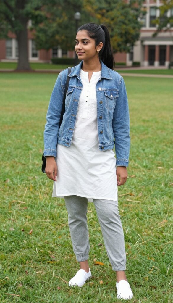 6. Denim Jacket over a Cotton Kurti with Joggers