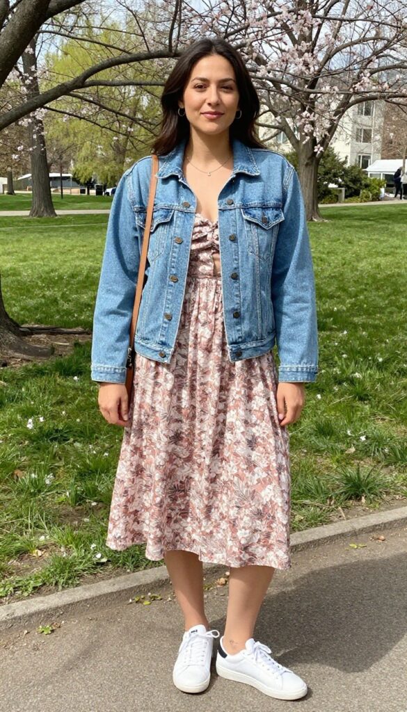 10. Denim Jacket + Floral Dress + White Sneakers