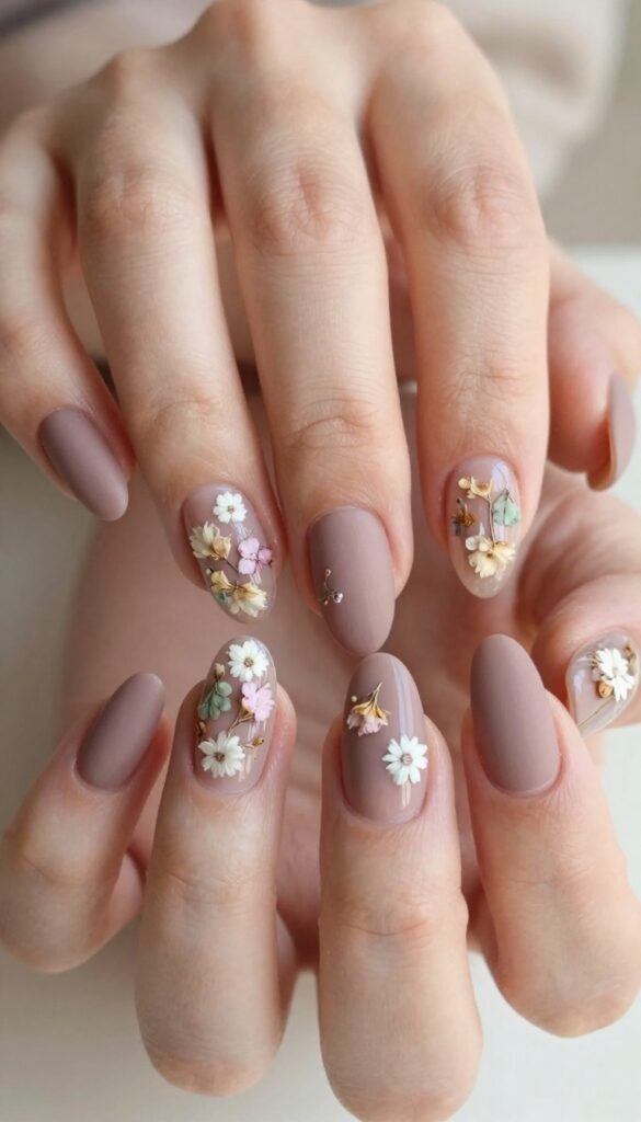 Fall floral nail design with dried flower embellishments on a soft taupe matte base
