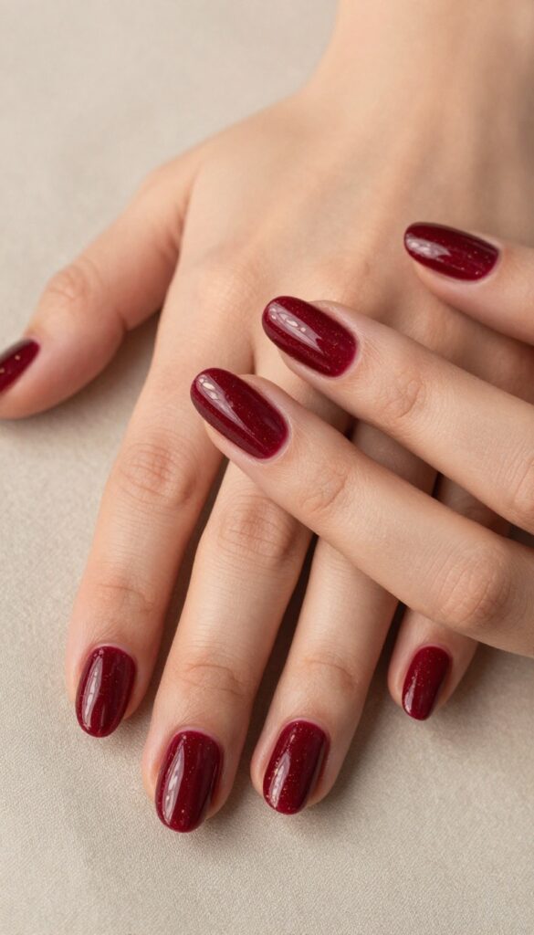 Cranberry chrome nails with gold flecks on almond-shaped nails