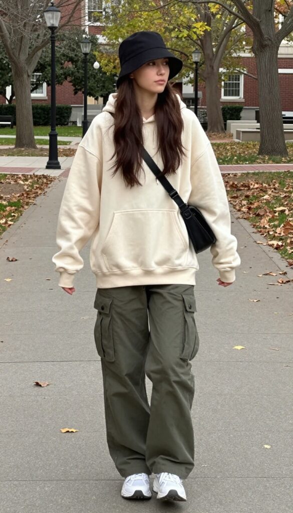 8. Oversized Hoodie with Cargo Pants and Chunky Sneakers