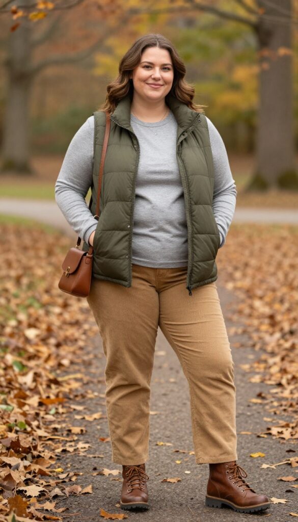 12. Puffer Vest + Long-Sleeve Tee + Corduroy Pants + Hiking Boots