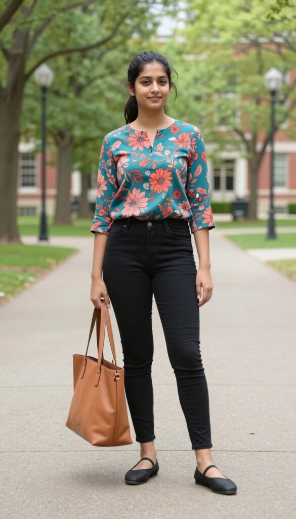 5. Printed Tunic with Black Jeggings and Flats