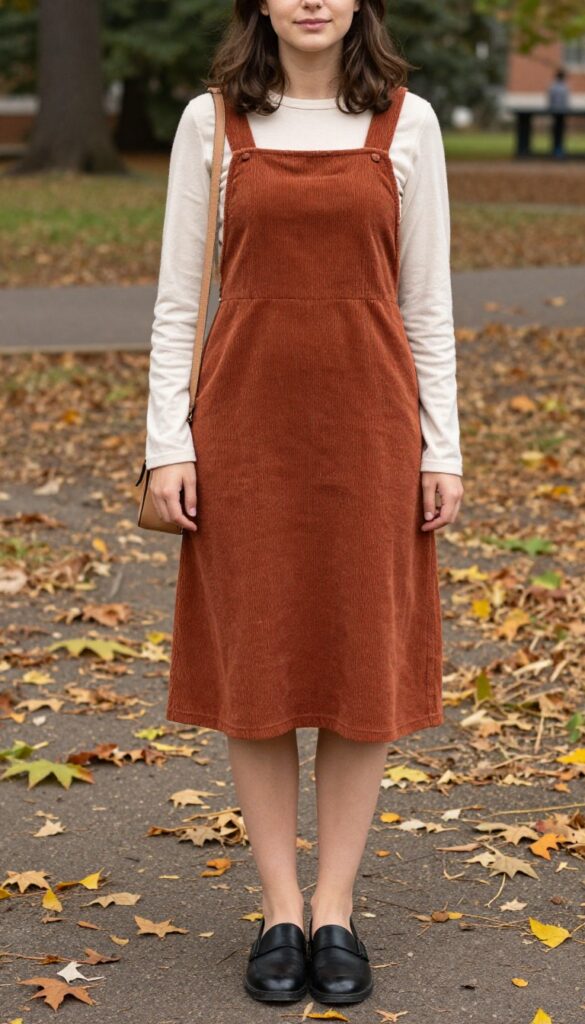 8. Corduroy Pinafore Dress with a Long-Sleeve Tee
