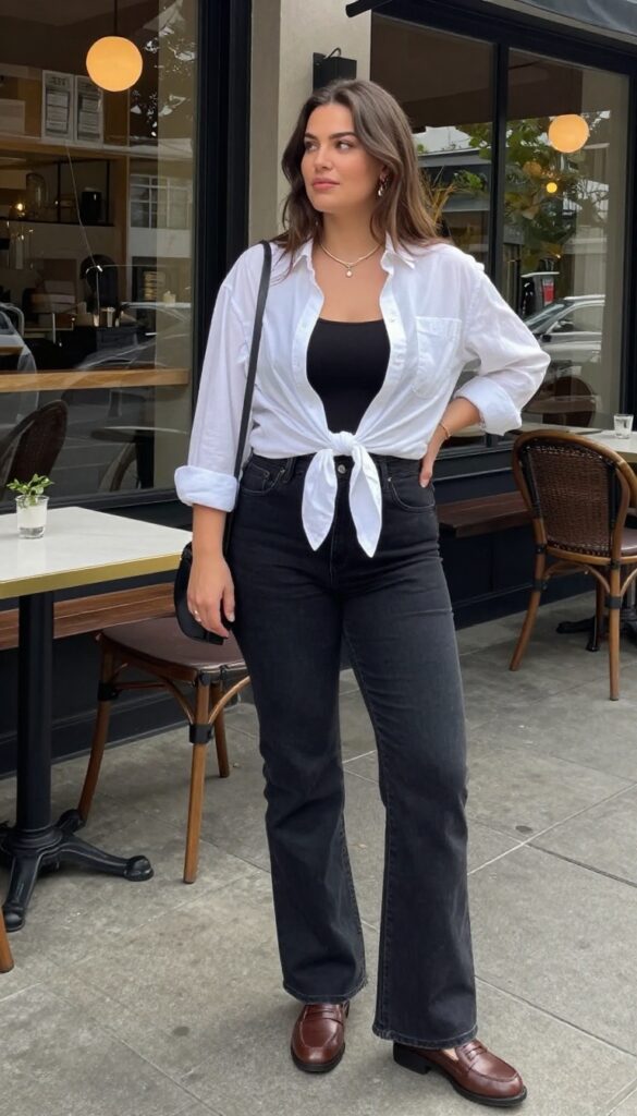 3. Button-Down Shirt (Tied at Waist) + Flares + Loafers