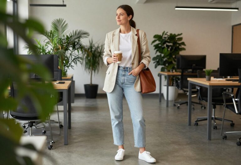 Woman in beige blazer, white tee, jeans, and sneakers in a modern office lobby