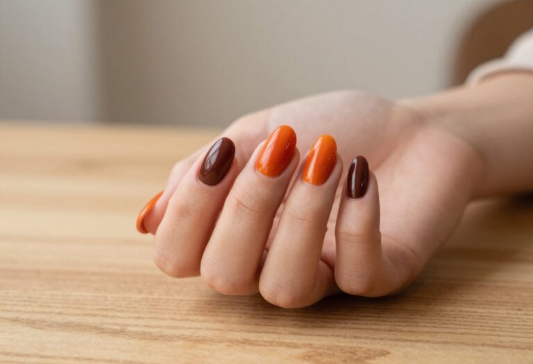 Brown and orange ombré fall nail design with burnt orange to chocolate brown gradient on almond-shaped nails