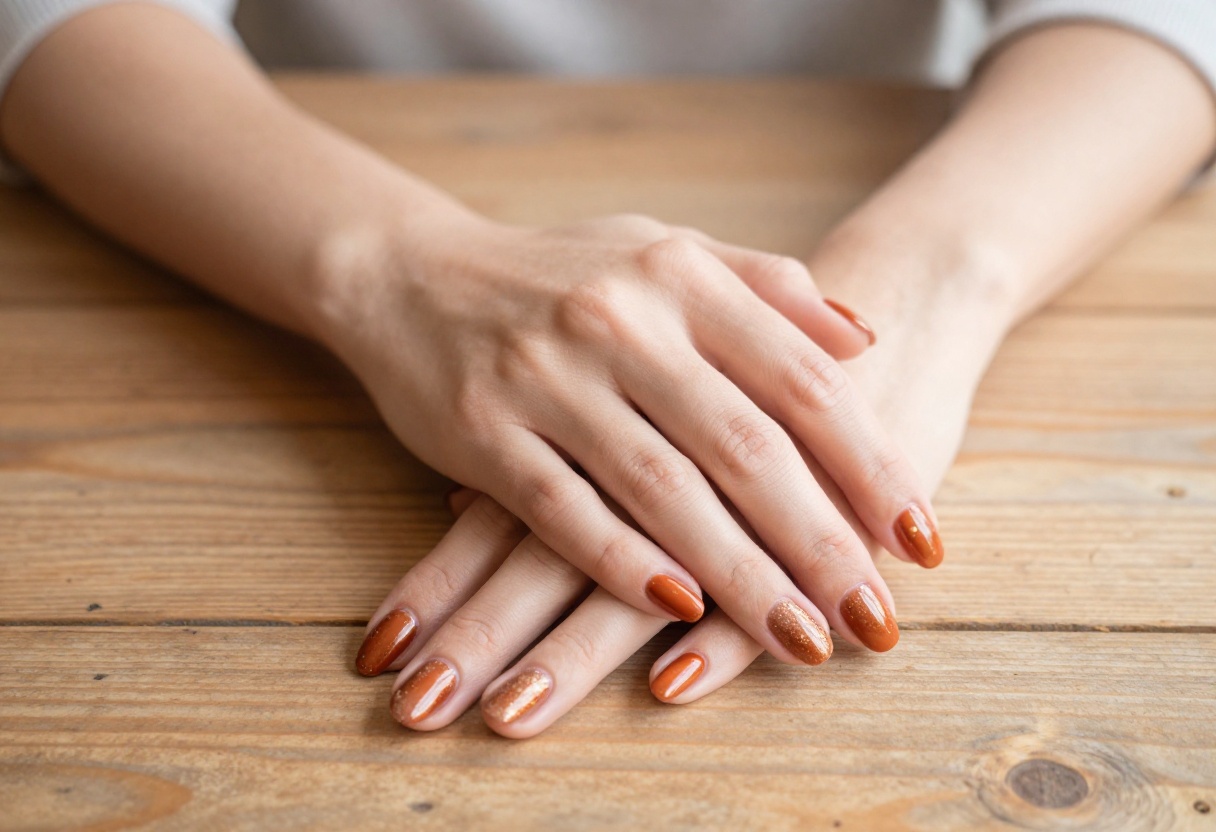 Sparkly fall nail design with burnt orange chrome and gold speckles