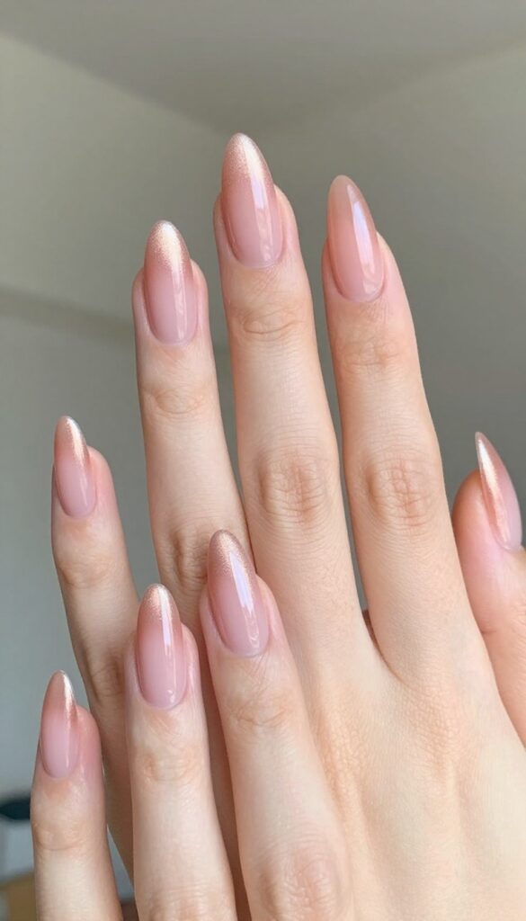 Rose gold ombré stiletto nails with dusty pink base and shimmering tips