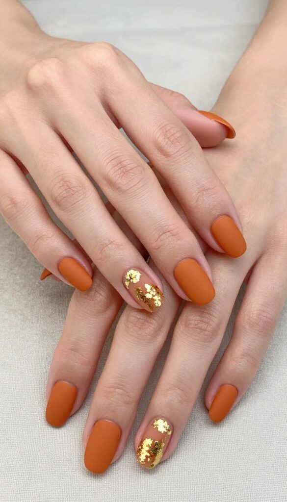 Matte pumpkin nails with gold foil accents