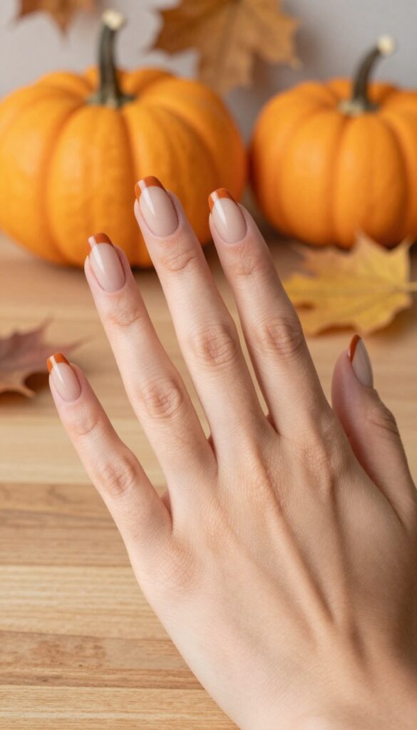 Burnt orange French tips on short nails with a sheer nude base, autumn setting