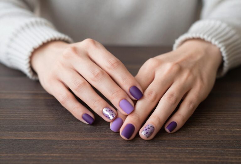 Fall purple nail ideas with matte plum and lavender manicure and silver foil accents