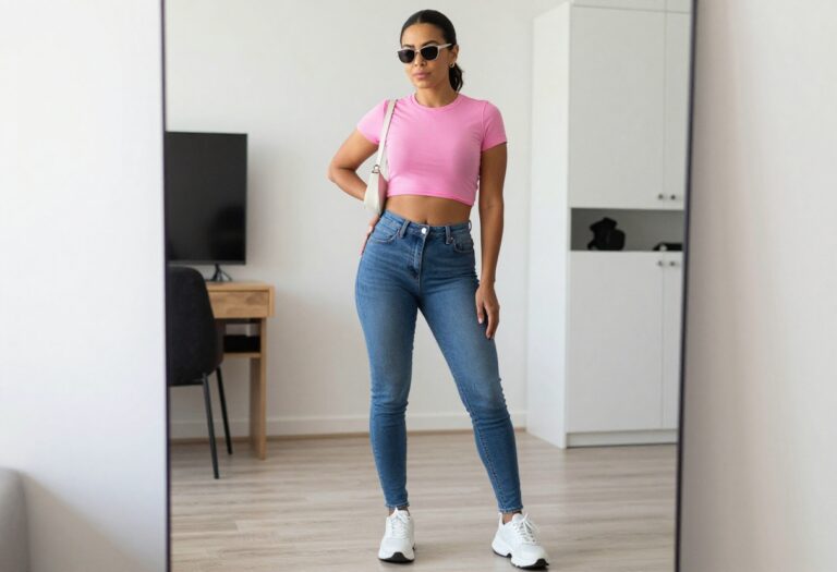 Woman in Y2K mom outfit with low-rise jeans, cropped baby tee, and chunky sneakers