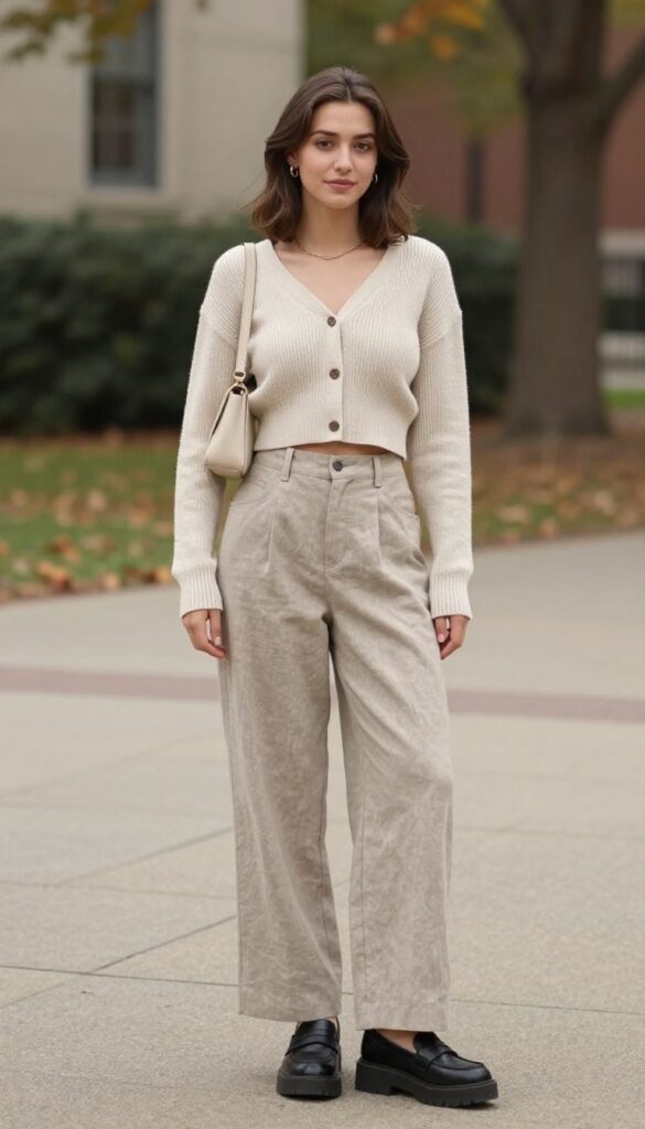 2. Cropped Cardigan with High-Waisted Wide-Leg Trousers