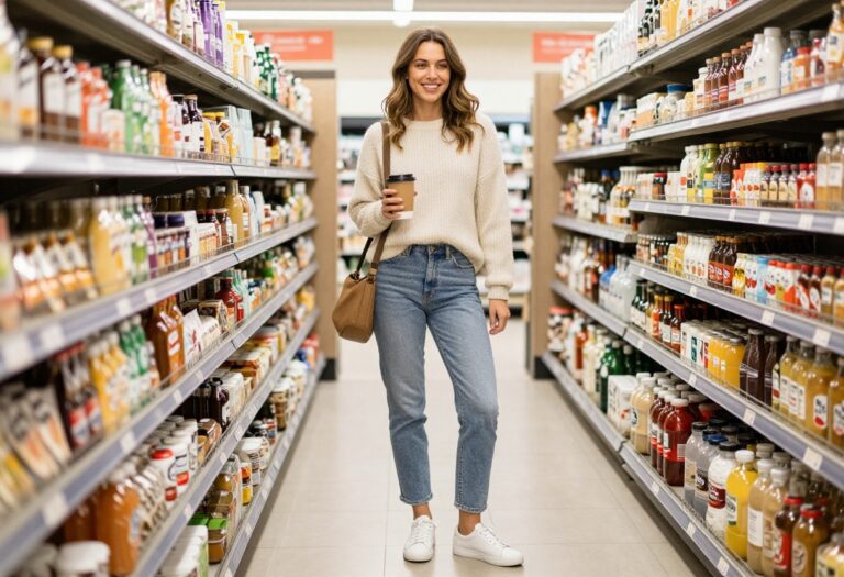 Mom in cozy sweater and jeans with sneakers holding coffee at grocery store