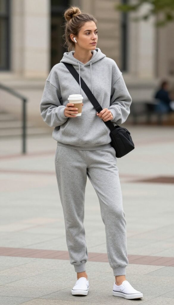 3. Cozy Hoodie with Joggers and Slip-On Sneakers