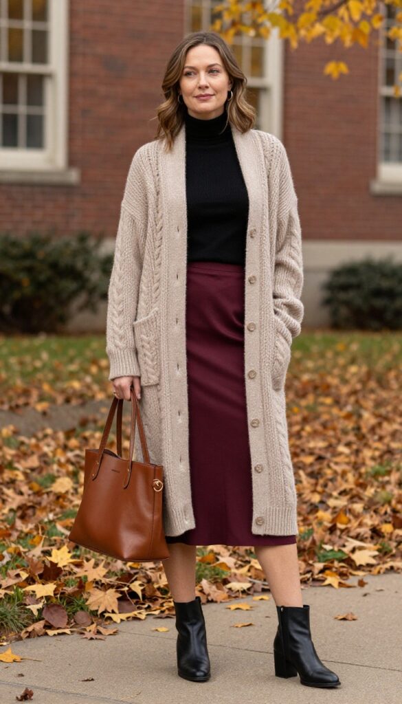 3. Chunky Cardigan and Midi Skirt