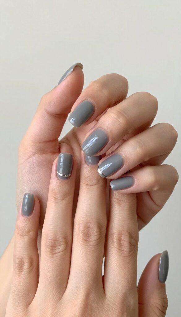 Short nails with smoky grey matte polish and a silver accent stripe on one nail.